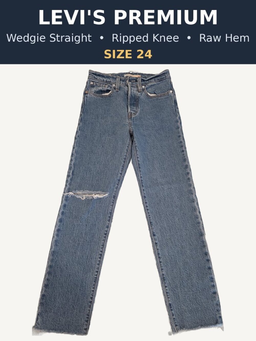Levi's Premium Wedgie Straight Jeans Ripped Knee Raw Hem Medium Wash Size 24